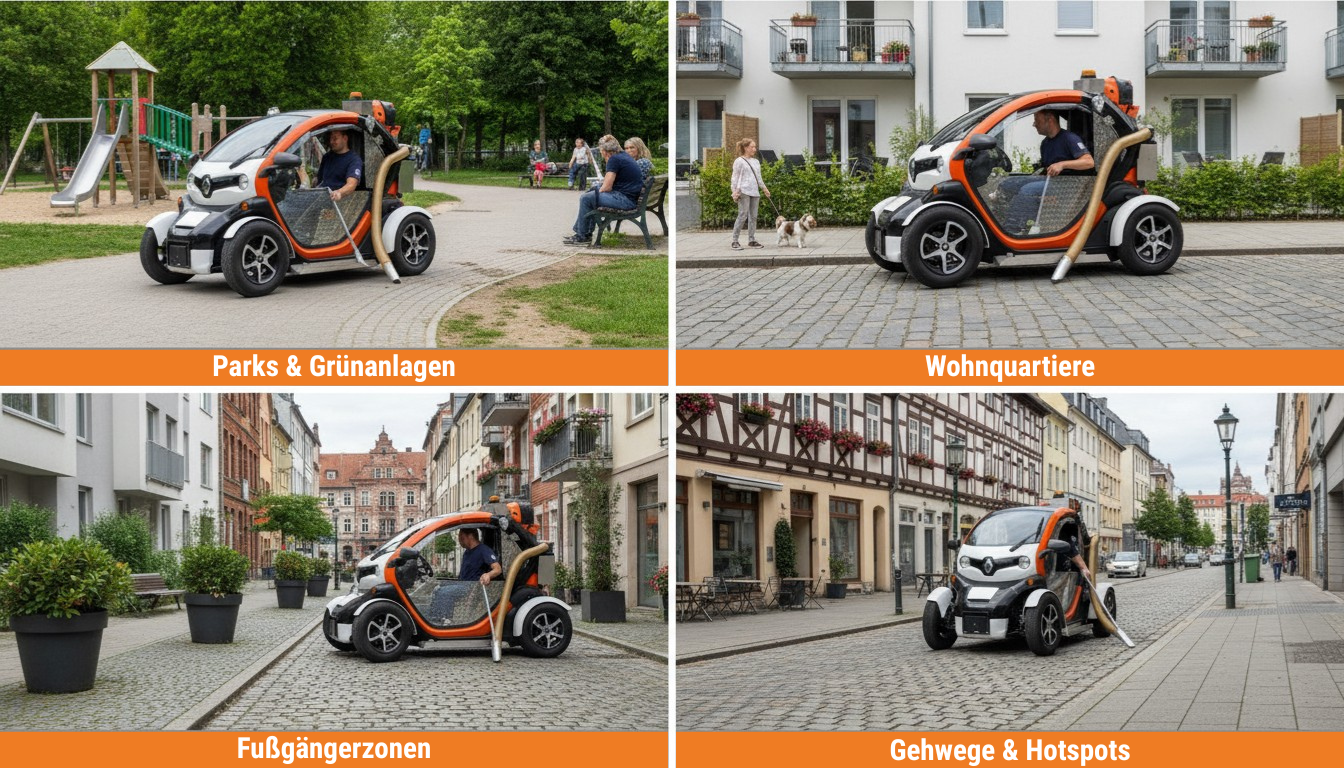 Banner: Hundekotmobil in vier Einsatzszenarien – Parks, Wohnquartiere, Fußgängerzonen, Gehwege und Hotspots