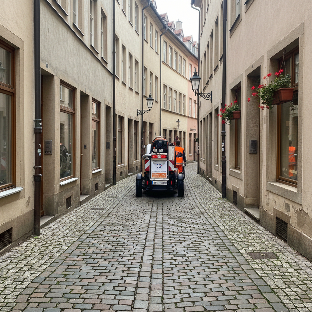 Illustration: enge, verwinkelte Fußgängerzone – Einsatz mit kompaktem Elektrofahrzeug