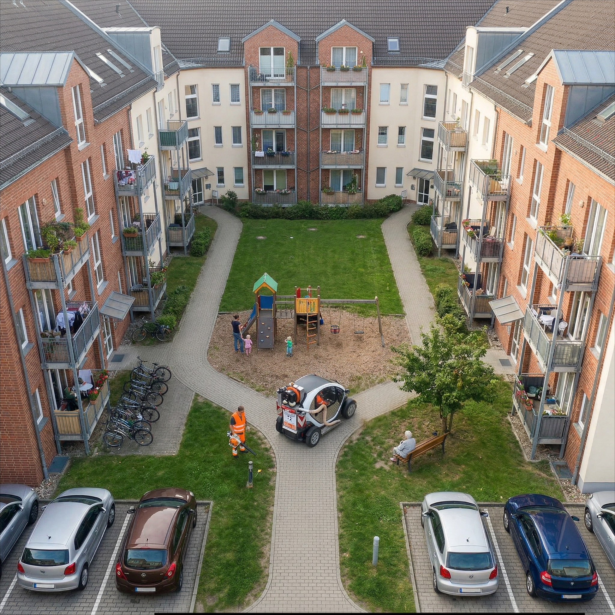 Illustration: Wohnquartier mit Innenhöfen – kurze Rundgänge, kompakte Elektro-Lösung